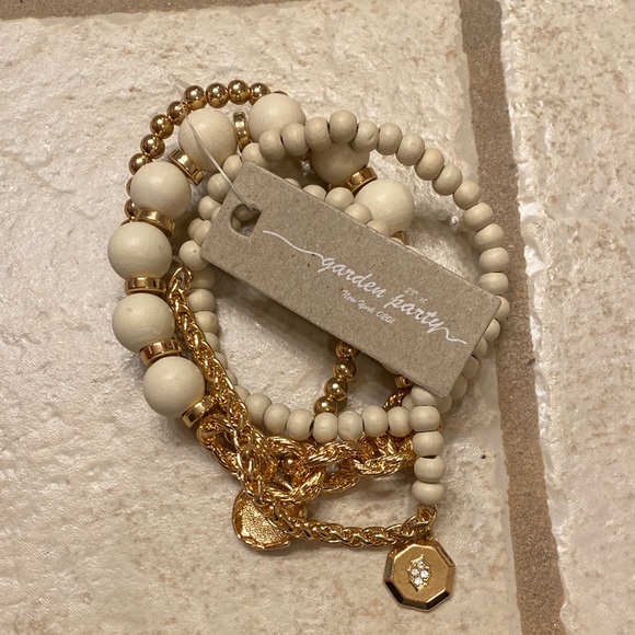 garden party Jewelry - Gold and Cream Beaded Bracelet Set of 4 Bracelets with charms